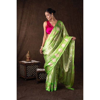 Zal from Benaras Pista Green Tissue Organza Silk Banarasi Handloom Saree without Blouse