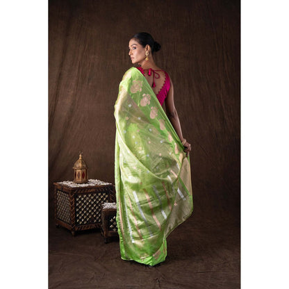 Zal from Benaras Pista Green Tissue Organza Silk Banarasi Handloom Saree without Blouse