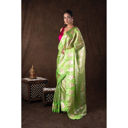 Zal from Benaras Pista Green Tissue Organza Silk Banarasi Handloom Saree without Blouse
