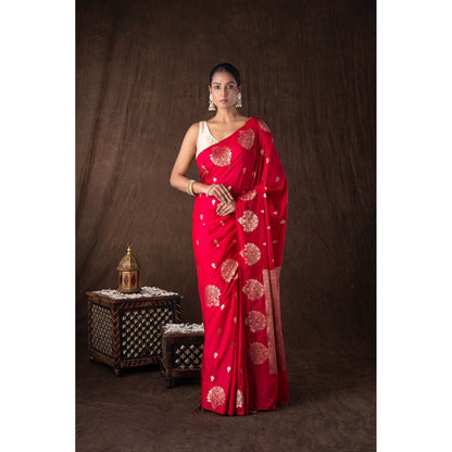 Zal from Benaras Hot Pink Pure Silk Raw Mango Boota Zari Banarasi Handloom Saree without Blouse