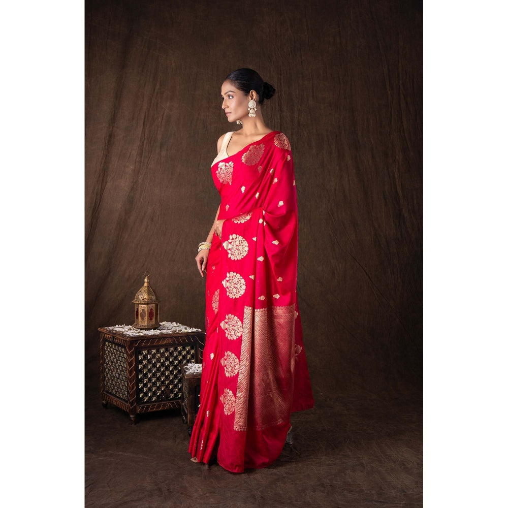 Zal from Benaras Hot Pink Pure Silk Raw Mango Boota Zari Banarasi Handloom Saree without Blouse
