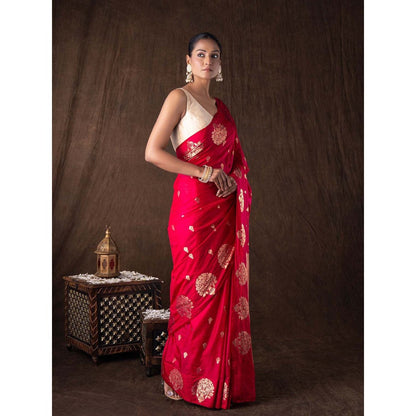 Zal from Benaras Hot Pink Pure Silk Raw Mango Boota Zari Banarasi Handloom Saree without Blouse