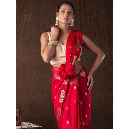 Zal from Benaras Hot Pink Pure Silk Raw Mango Boota Zari Banarasi Handloom Saree without Blouse