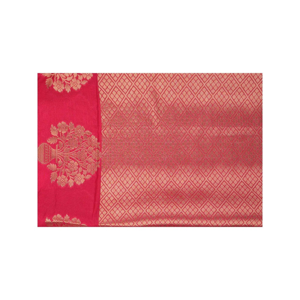 Zal from Benaras Hot Pink Pure Silk Raw Mango Boota Zari Banarasi Handloom Saree without Blouse