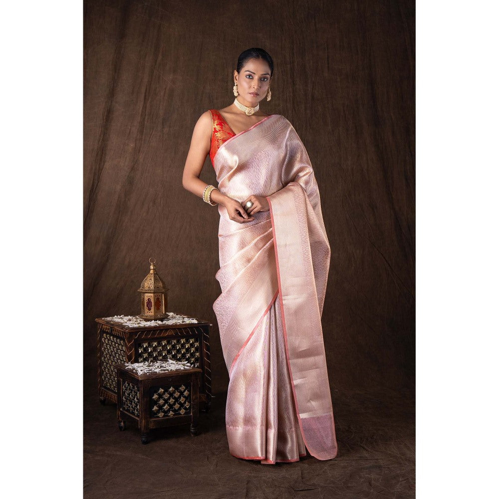 Zal from Benaras Peach Pure Katan Silk Brocade Banaras Handloom Saree without Blouse