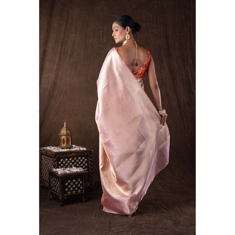 Zal from Benaras Peach Pure Katan Silk Brocade Banaras Handloom Saree without Blouse