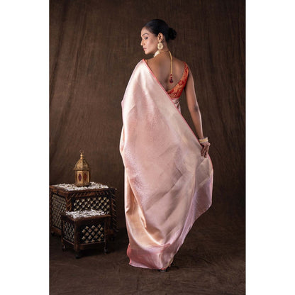 Zal from Benaras Peach Pure Katan Silk Brocade Banaras Handloom Saree without Blouse