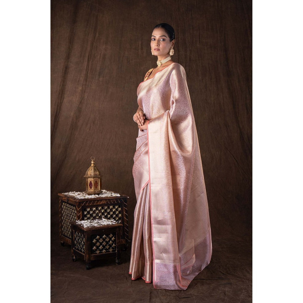 Zal from Benaras Peach Pure Katan Silk Brocade Banaras Handloom Saree without Blouse