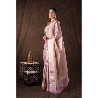 Zal from Benaras Peach Pure Katan Silk Brocade Banaras Handloom Saree without Blouse