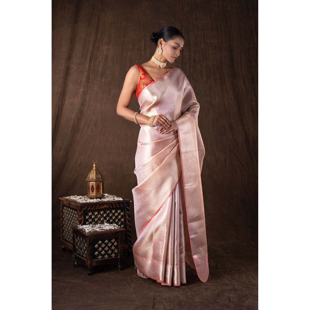Zal from Benaras Peach Pure Katan Silk Brocade Banaras Handloom Saree without Blouse