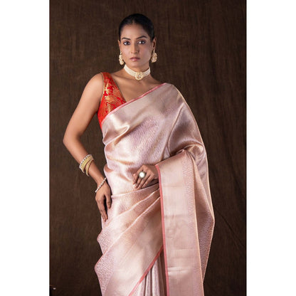 Zal from Benaras Peach Pure Katan Silk Brocade Banaras Handloom Saree without Blouse
