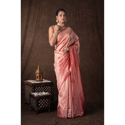 Zal from Benaras Red Pure Tissue Plain Banaras Handloom Saree without Blouse