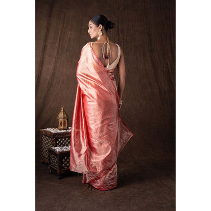 Zal from Benaras Red Pure Tissue Plain Banaras Handloom Saree without Blouse