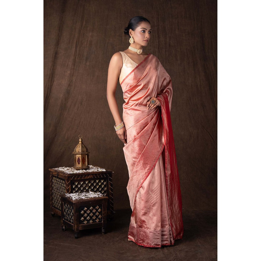 Zal from Benaras Red Pure Tissue Plain Banaras Handloom Saree without Blouse