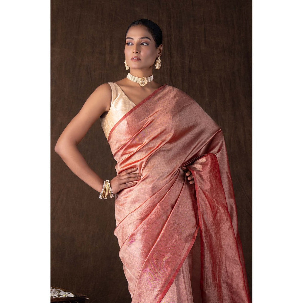 Zal from Benaras Red Pure Tissue Plain Banaras Handloom Saree without Blouse