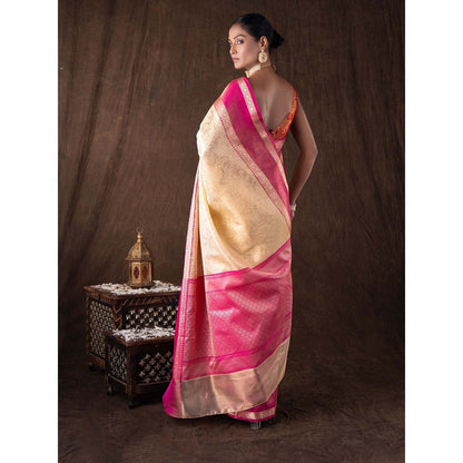 Zal from Benaras Cream Pure Silk Brocade Banarasi Handloom Saree without Blouse