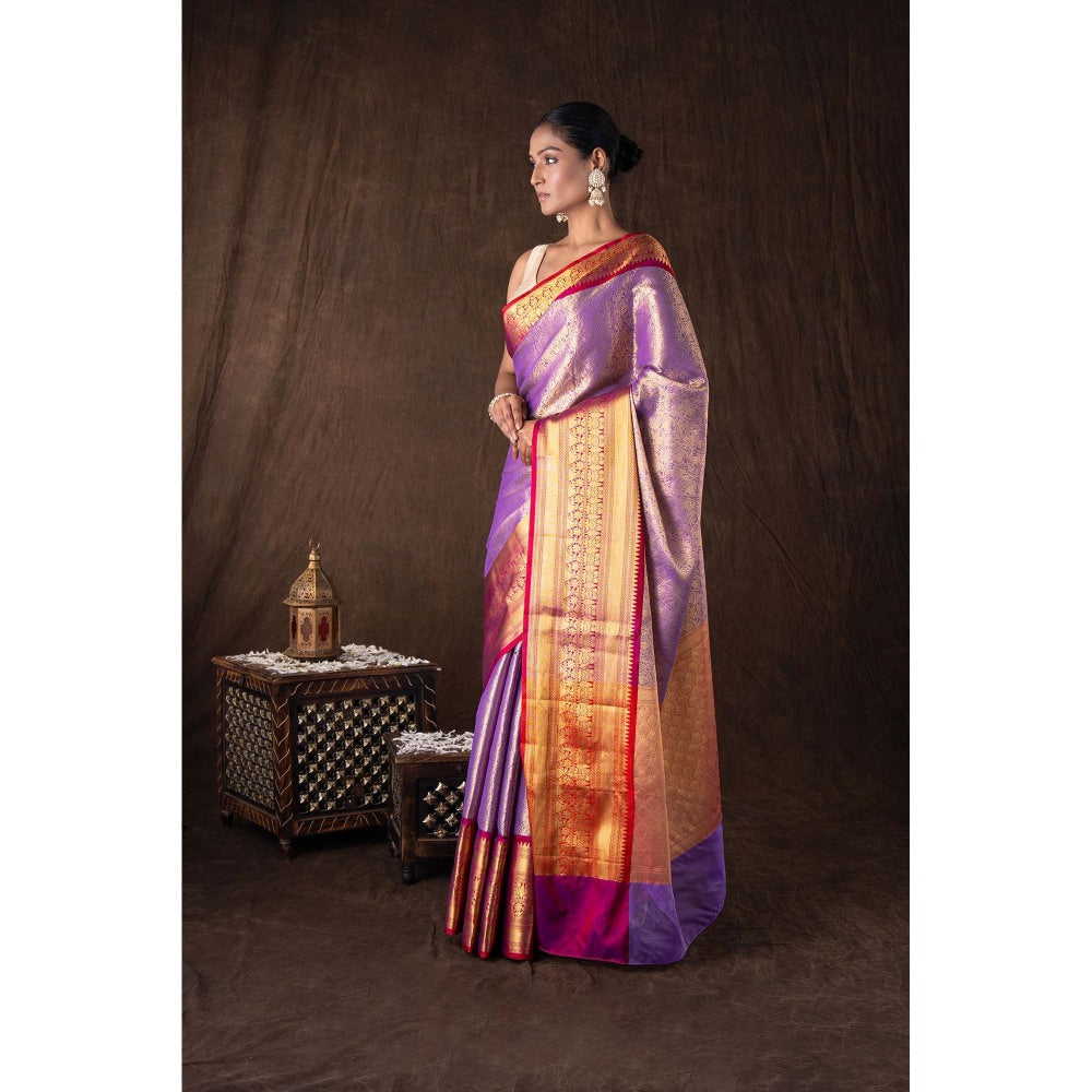 Zal from Benaras Purple Tissue Zari Brocade Banarasi Handloom Saree without Blouse