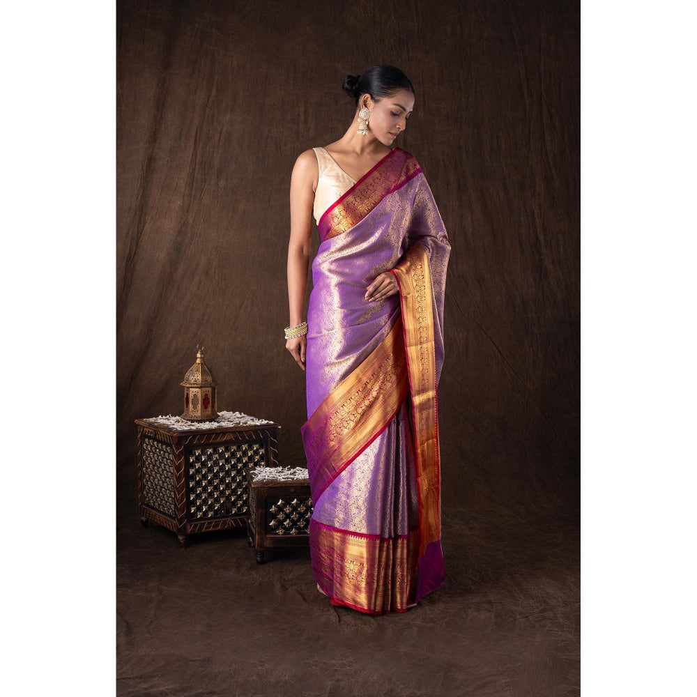 Zal from Benaras Purple Tissue Zari Brocade Banarasi Handloom Saree without Blouse