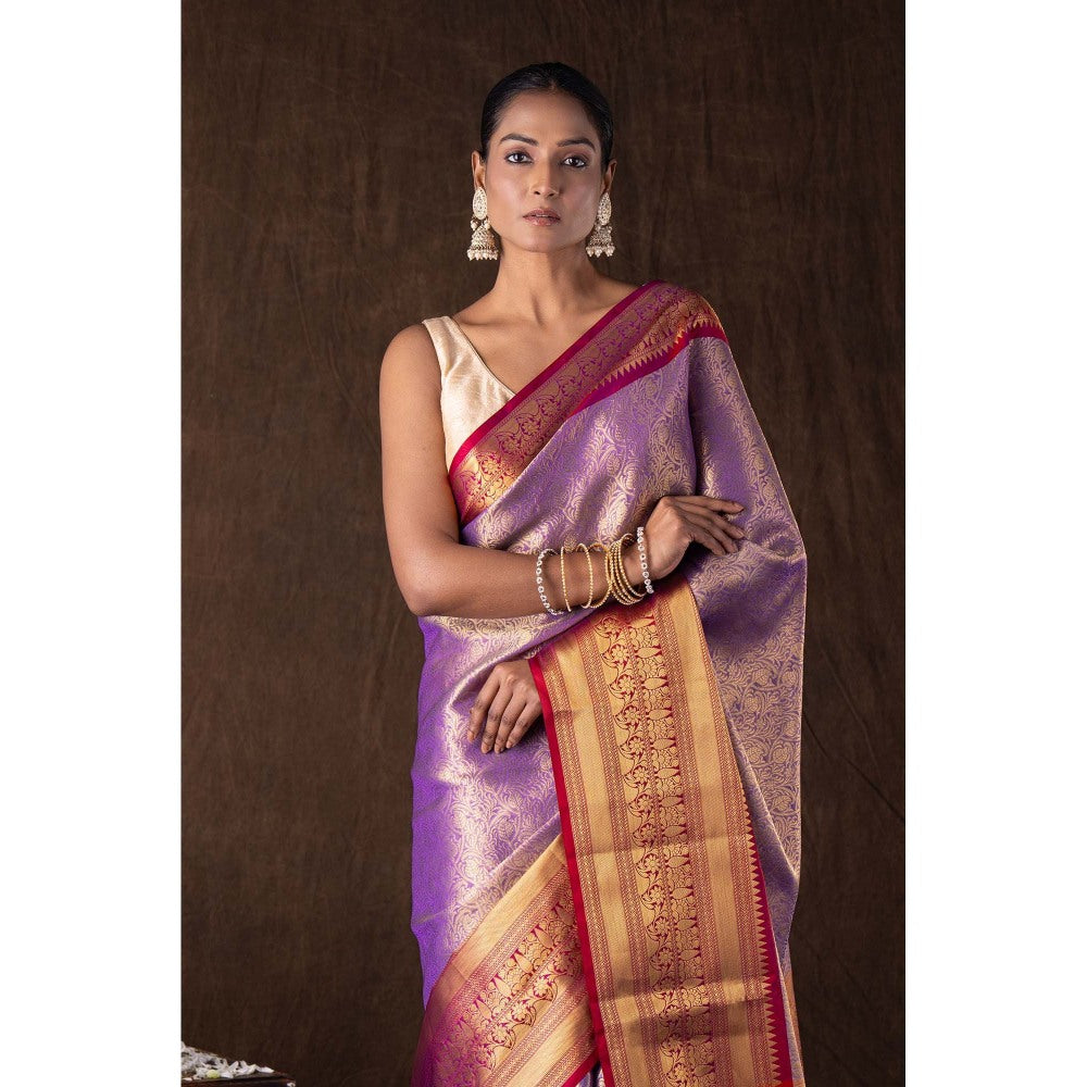 Zal from Benaras Purple Tissue Zari Brocade Banarasi Handloom Saree without Blouse