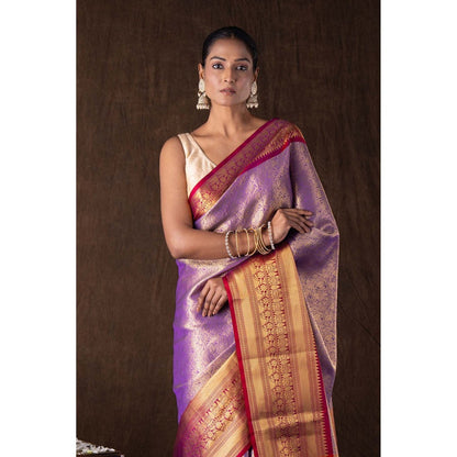 Zal from Benaras Purple Tissue Zari Brocade Banarasi Handloom Saree without Blouse