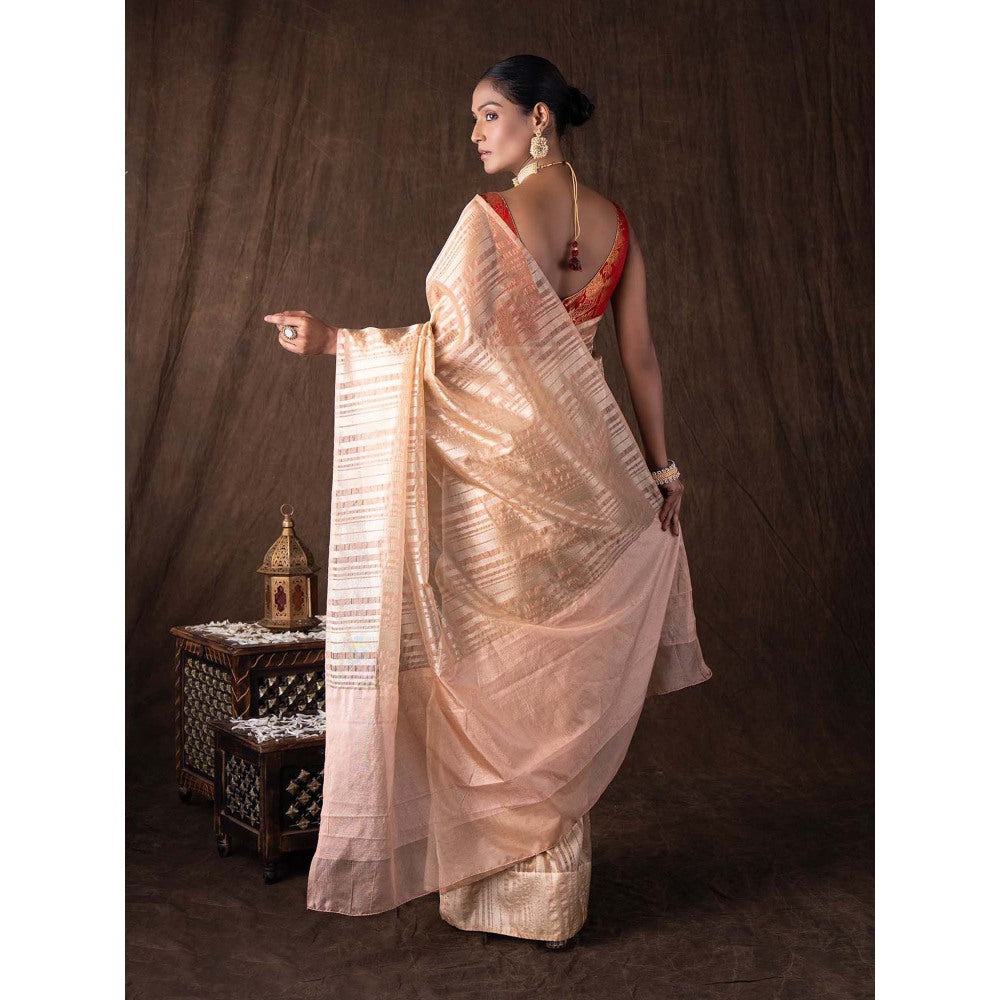 Zal from Benaras Peach Copper Lining Tissue Silk Banarasi Handloom Saree without Blouse