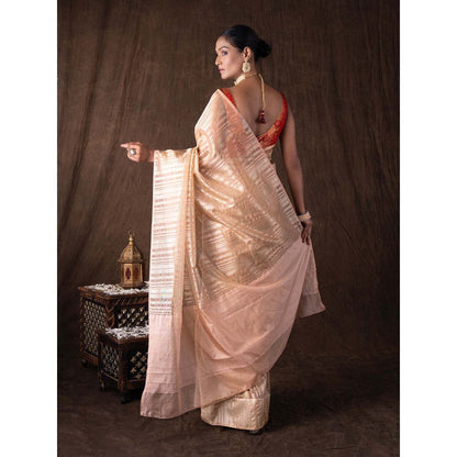 Zal from Benaras Peach Copper Lining Tissue Silk Banarasi Handloom Saree without Blouse