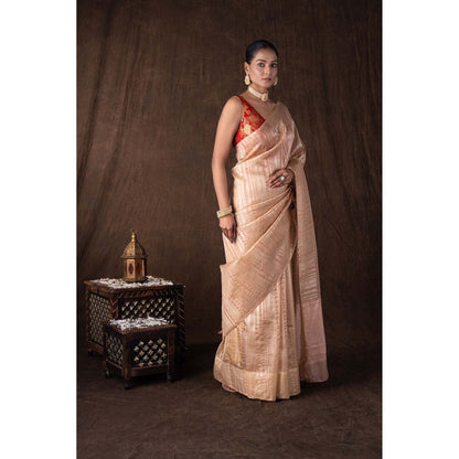 Zal from Benaras Peach Copper Lining Tissue Silk Banarasi Handloom Saree without Blouse