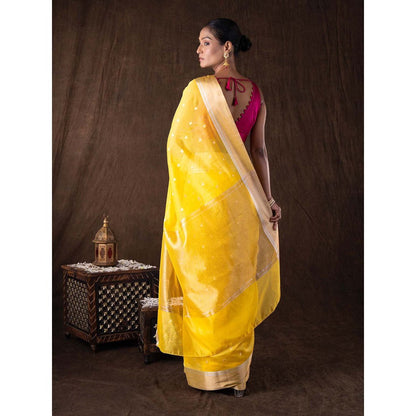 Zal from Benaras Yellow Katan Silk Zari Boota Banarasi Handloom Saree without Blouse