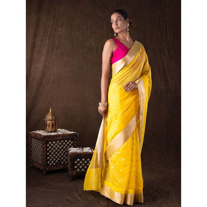 Zal from Benaras Yellow Katan Silk Zari Boota Banarasi Handloom Saree without Blouse