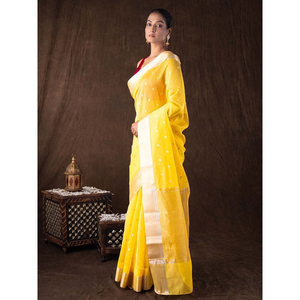 Zal from Benaras Yellow Katan Silk Zari Boota Banarasi Handloom Saree without Blouse