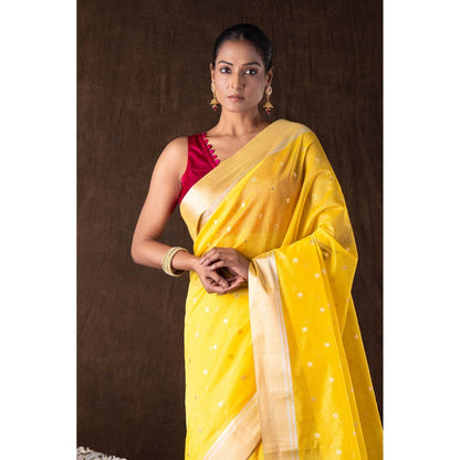 Zal from Benaras Yellow Katan Silk Zari Boota Banarasi Handloom Saree without Blouse