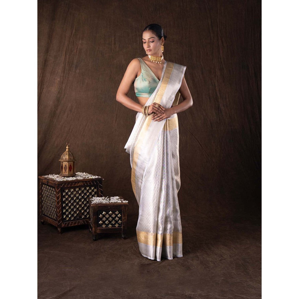 Zal from Benaras Silver Kanjivaram Zari Silk Banarasi Handloom Saree without Blouse