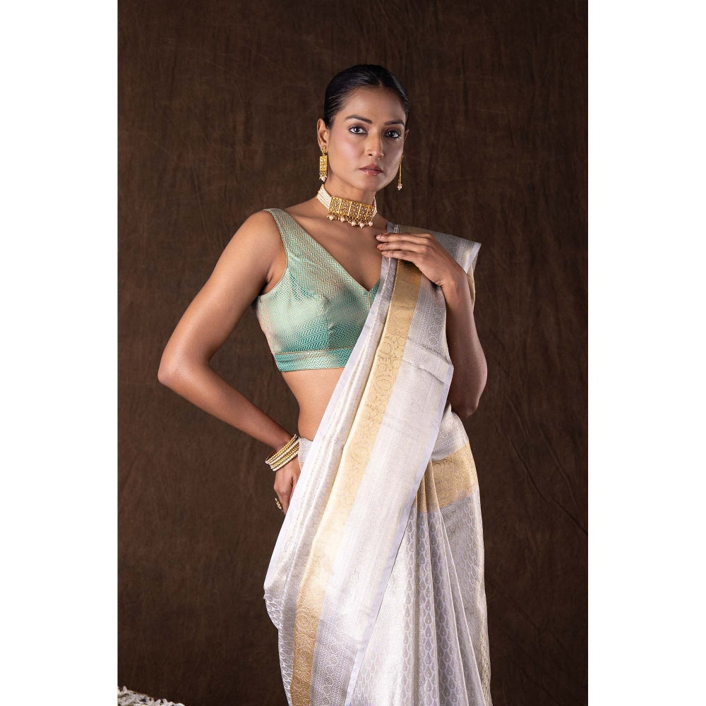 Zal from Benaras Silver Kanjivaram Zari Silk Banarasi Handloom Saree without Blouse