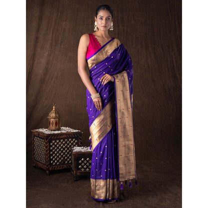 Zal from Benaras Purple Pure Silk Banarasi Handloom Saree without Blouse