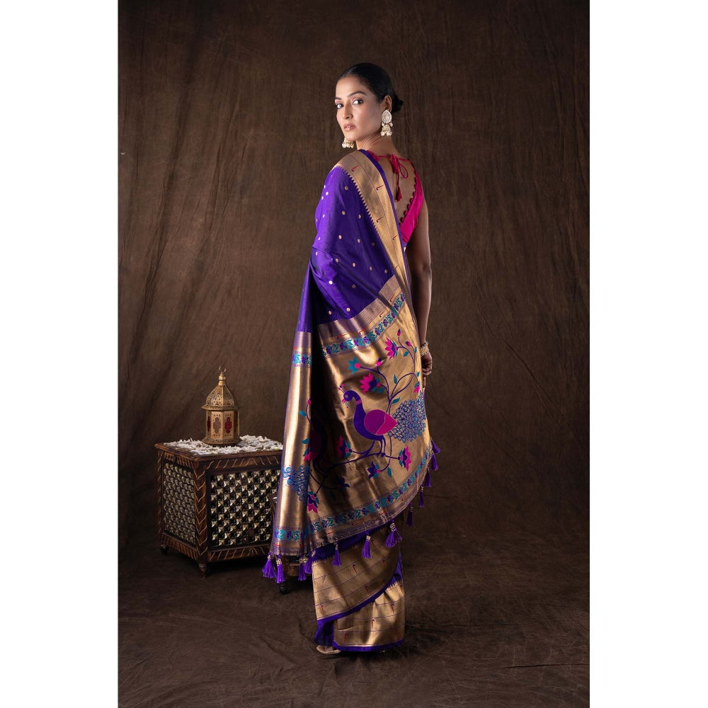 Zal from Benaras Purple Pure Silk Banarasi Handloom Saree without Blouse