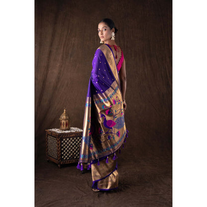 Zal from Benaras Purple Pure Silk Banarasi Handloom Saree without Blouse