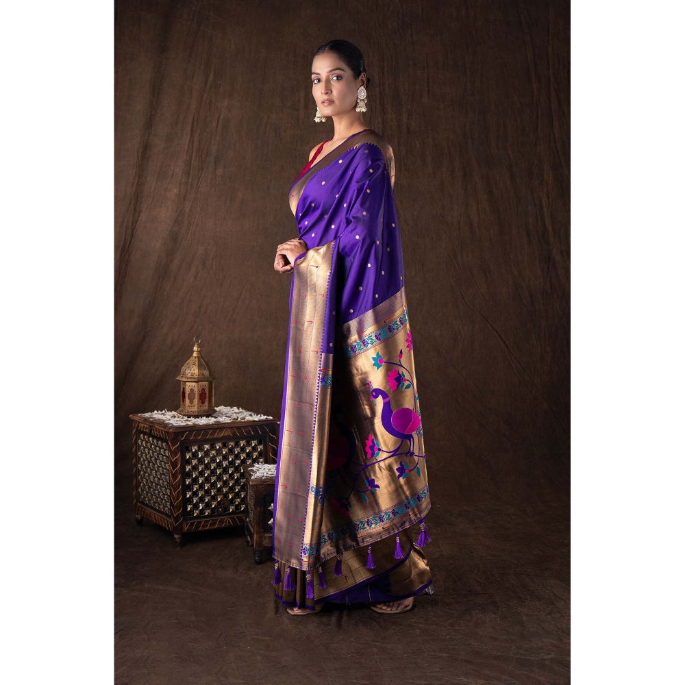Zal from Benaras Purple Pure Silk Banarasi Handloom Saree without Blouse