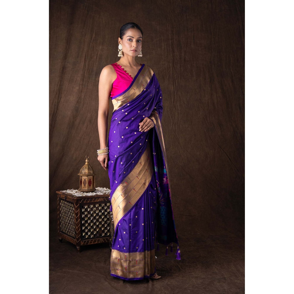 Zal from Benaras Purple Pure Silk Banarasi Handloom Saree without Blouse