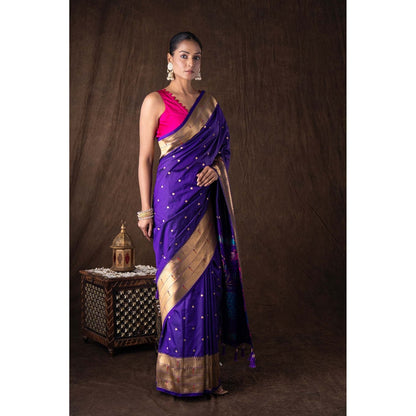 Zal from Benaras Purple Pure Silk Banarasi Handloom Saree without Blouse