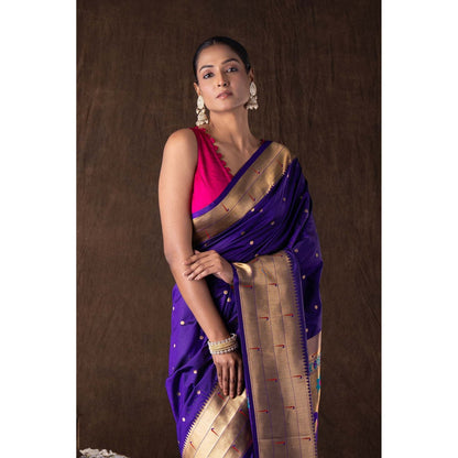 Zal from Benaras Purple Pure Silk Banarasi Handloom Saree without Blouse
