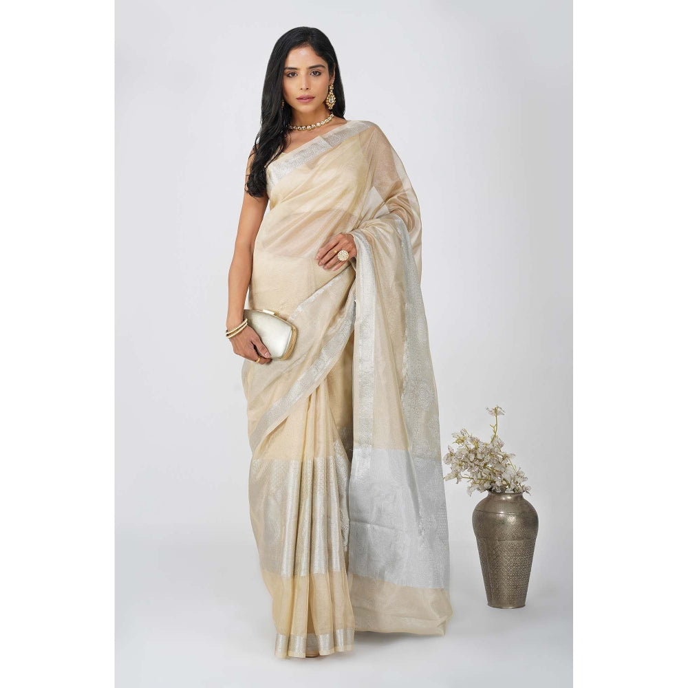 Zal from Benaras Beige Tissue Zari Silk Banarasi Handloom Saree without Blouse