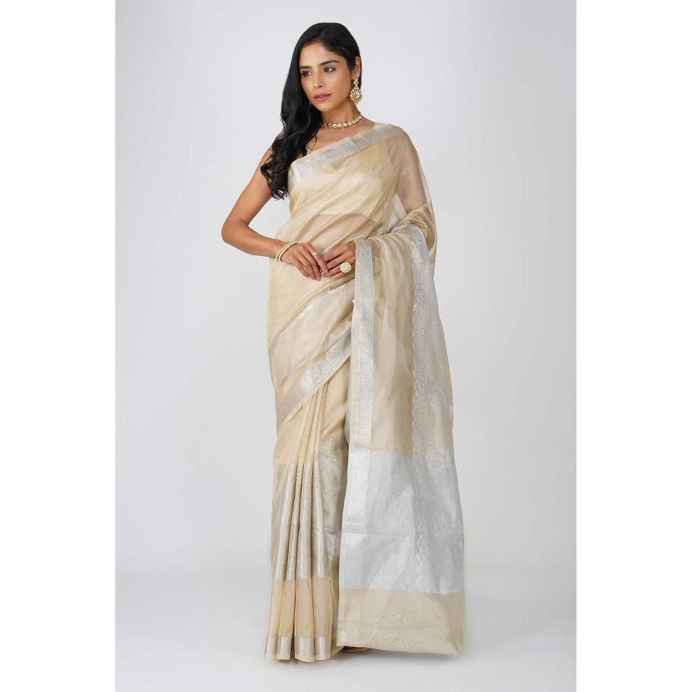 Zal from Benaras Beige Tissue Zari Silk Banarasi Handloom Saree without Blouse