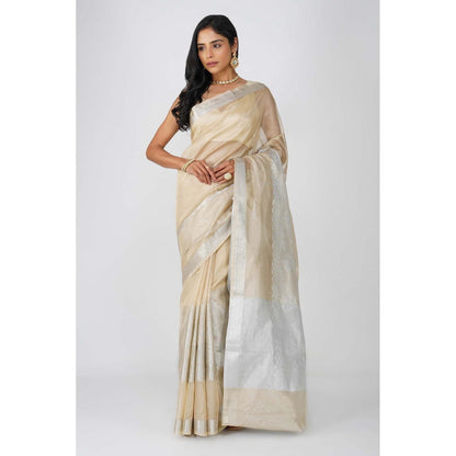 Zal from Benaras Beige Tissue Zari Silk Banarasi Handloom Saree without Blouse