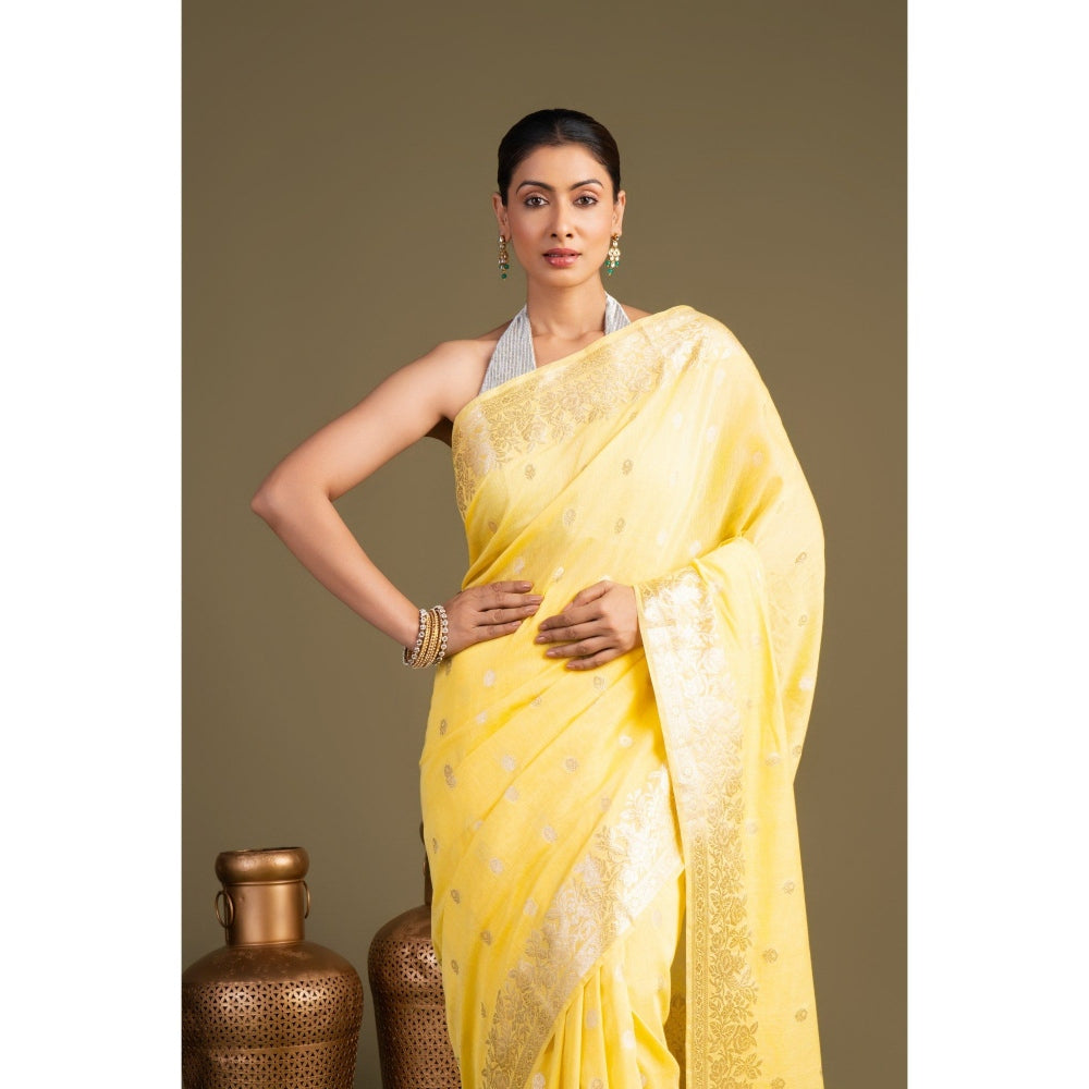 Zal from Benaras Lemon Yellow Pure Monga Silk Banarasi Handloom Saree without Blouse Piece