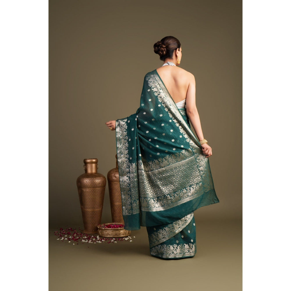 Zal from Benaras Teal Pure Monga Silk Banarasi Handloom Saree without Blouse Piece