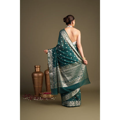 Zal from Benaras Teal Pure Monga Silk Banarasi Handloom Saree without Blouse Piece