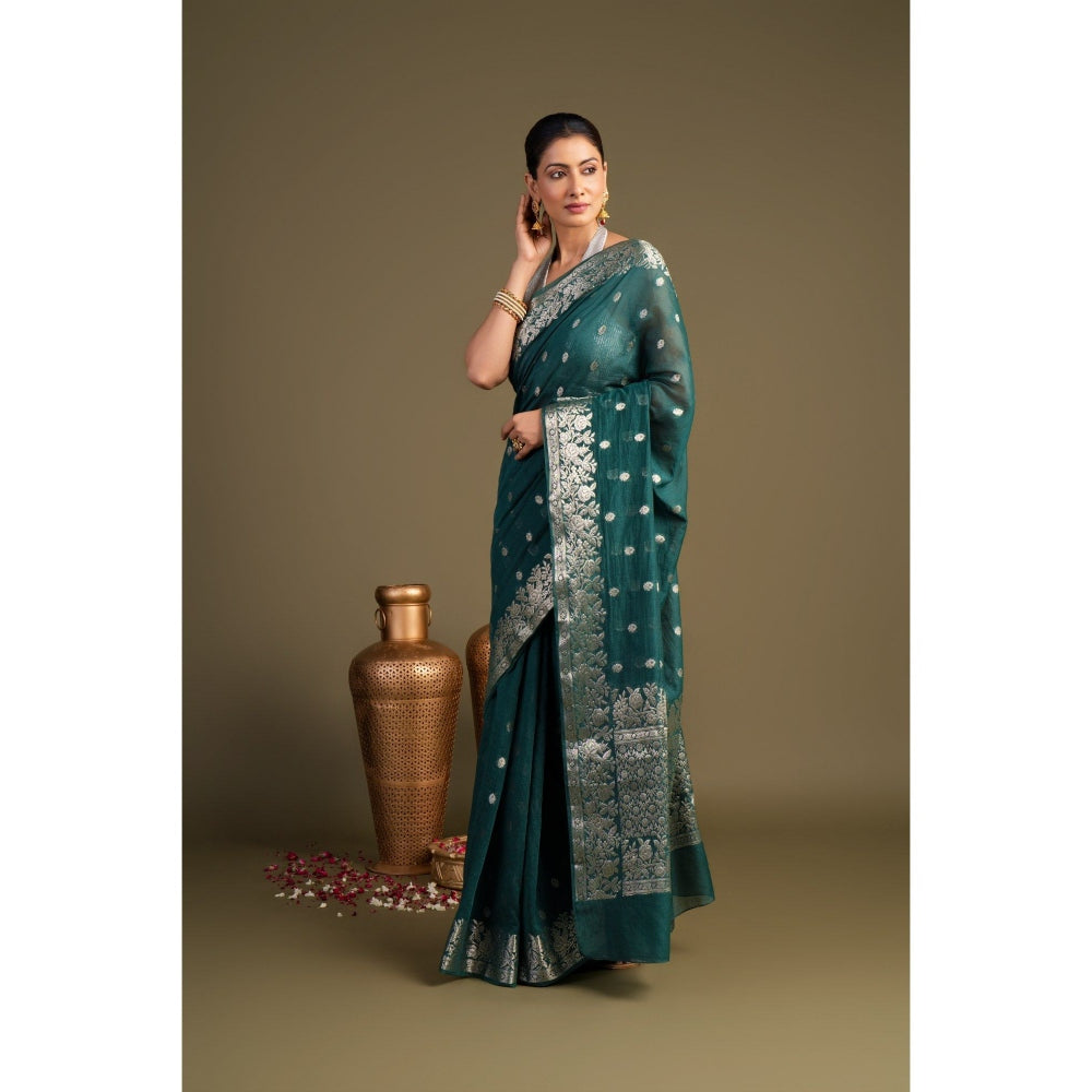 Zal from Benaras Teal Pure Monga Silk Banarasi Handloom Saree without Blouse Piece