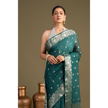 Zal from Benaras Teal Pure Monga Silk Banarasi Handloom Saree without Blouse Piece