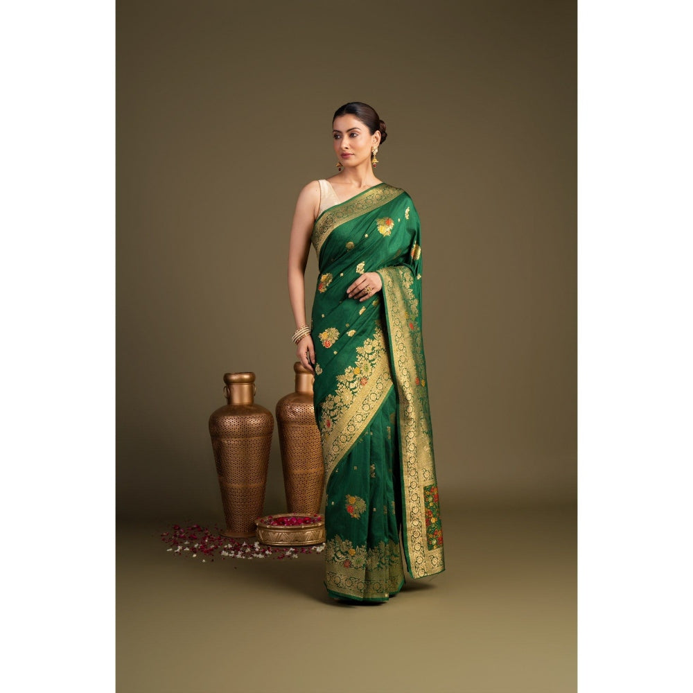Zal from Benaras Bottle Green Pure Silk Banarasi Handloom Saree without Blouse Piece