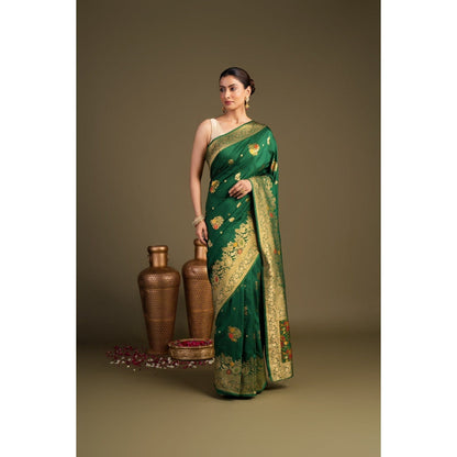 Zal from Benaras Bottle Green Pure Silk Banarasi Handloom Saree without Blouse Piece
